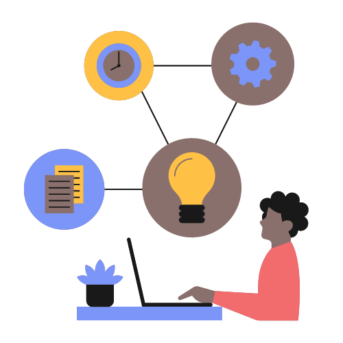 An illustration of a person typing on a laptop with a 4 connected bubbles around them that contain a light-bulb, 2 pieces of paper, cog and a clock.