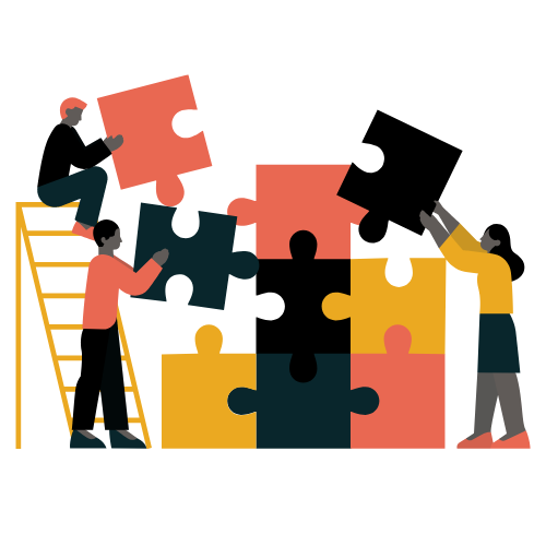 An illustration of three people putting puzzle pieces together